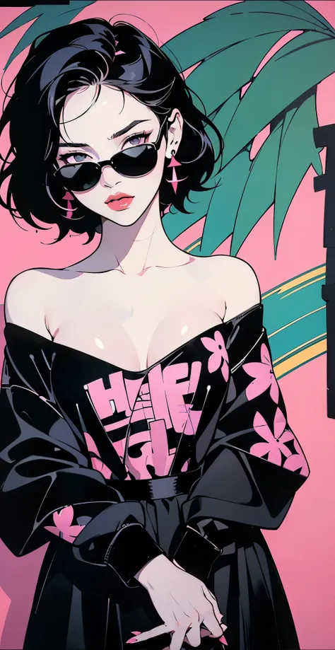 ((lisa black pink)) in a dress standing in front of simple background, up close, ((art style by patrick nagel)), ((8k, wallpaper...