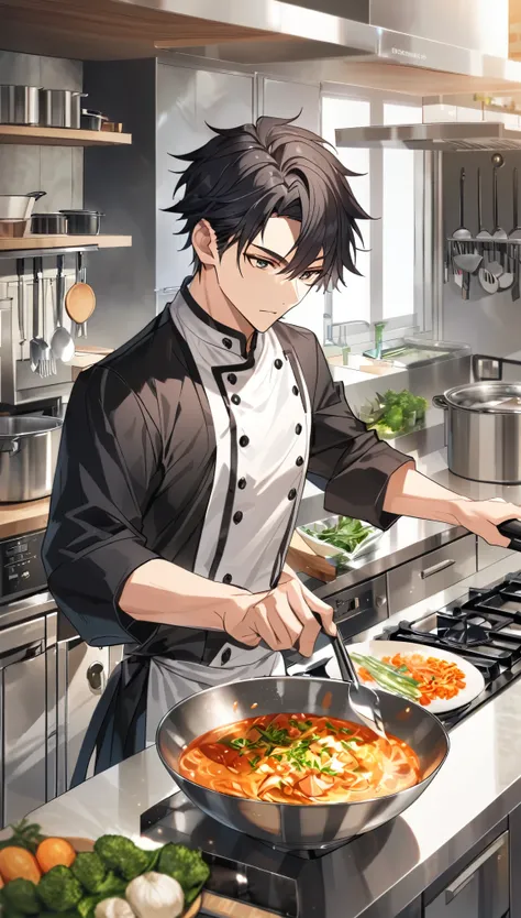 "A handsome young man with black hair, dressed in a professional chefs outfit, is standing in a modern kitchen. He is focused and skillfully preparing a delicious dish, with various cooking utensils and ingredients around him. The background features stain...