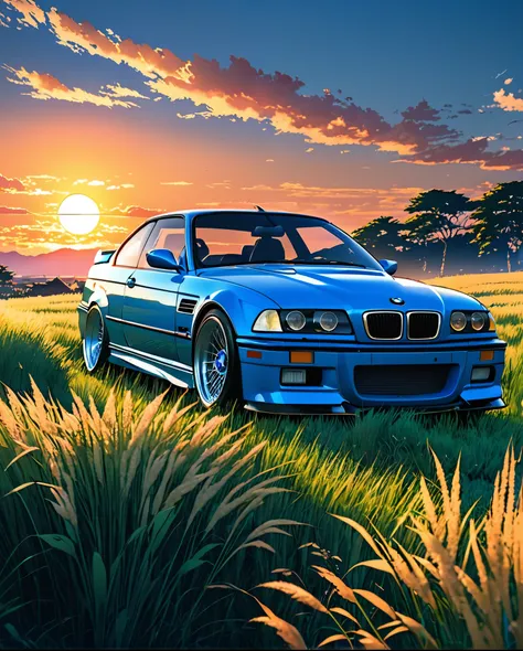 a classic bmw m3 e36 sports car in abs blue、anime scenery of a girl sitting in tall grass with a sunset in the background.beauti...