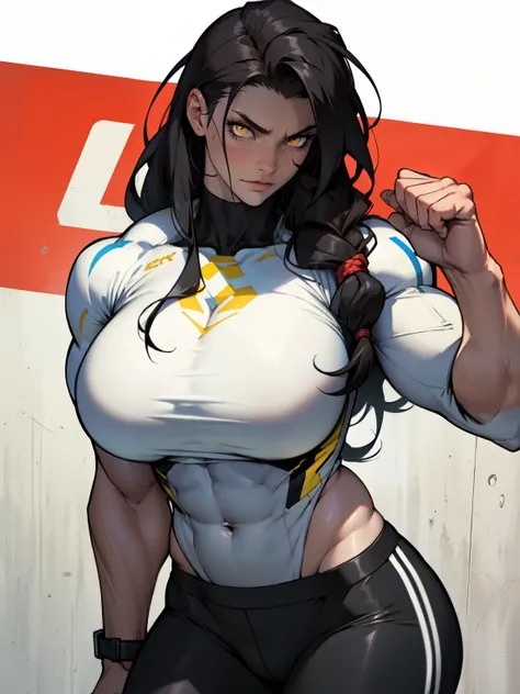 massive hair massive breasts massive muscles massively thick pale skin black hair yellow eyes