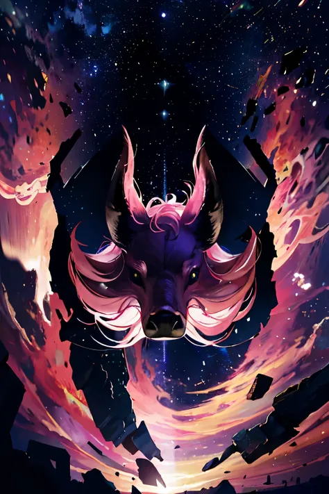 There exists an enigmatic, vacant edifice drifting in the vast expanse of outer space. Hovering atop this desolate structure, a colossal pink and white boar statuette stands sentinel, its nostrils flared as if sniffing the cosmic winds. A resplendent, five...