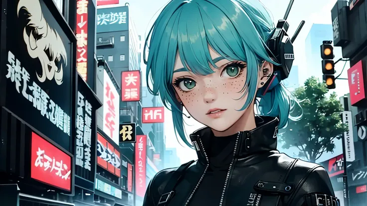 ((best qualityer)), ((work of art)), perfects eyes:1.2, holding a railgun, detailedeyes:1.4, ((freckles)), Woman, Viseira Hightech, hightech, hacker, irezumi, tatoo, technological clothing, earbuds, Messy hair, multicolored hair, hair green, Black jacke, g...