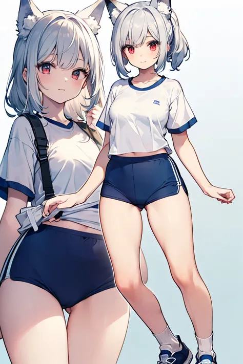 Silver Hair、Red eyes、Fox ears、girl、Small breasts、ponytail、girl、Small breasts、Bright smile、Looks about 15 years old、Petan Musume、He is short、Gym、【prompt】

break (Old style sportswear for Japanese schools:1.3), ((Soft cotton material, matte material):1.3), (...