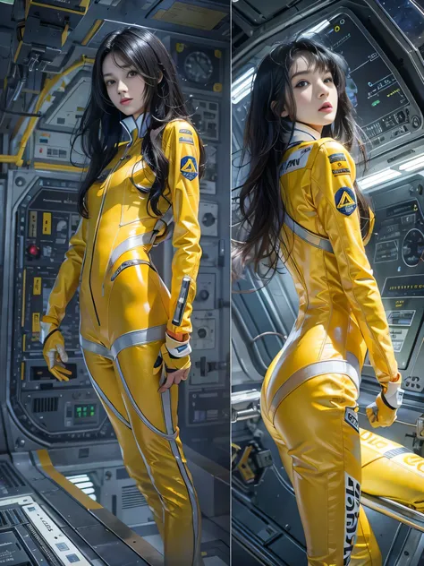 (Raw quality:1.4), Beautiful slim and long legged woman、Beautiful and well-groomed face、Long black hair、Smooth legs、Well-balanced and slim body、Full Body Lesbian、no gravity、Yellow spacesuits that fit snugly against the body、Inside the space station、mechani...