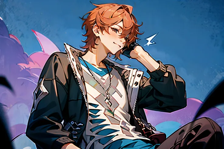 red-haired young man in a rocker leather jacket listens to music