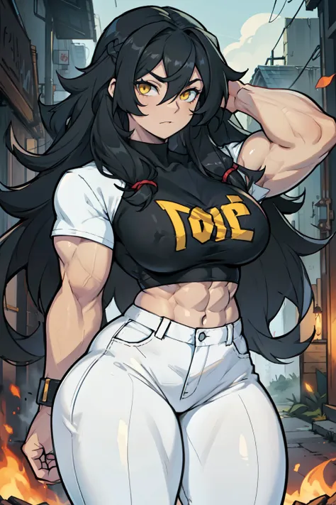 (((muscular 1girl))) ((thick thighs toned body tits)) (pale skin) black hair yellow eyes very long hair tight shirt and pants cu...