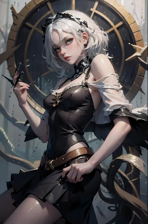 female, ((masterpiece, best quality, ultra detailed, absurdres),  solo, white hair, rain