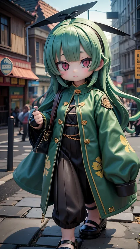 Anime character wearing green and black clothes standing in the street, Demon slayerのイケメン, Kimetsu no Yaiba, Demon slayer、help, (Chibi Character:1.3、Big Head、2 heads)、 Demon slayerアート, (masterpiece, 最high quality, 最high quality, Official Art, beautifully、a...