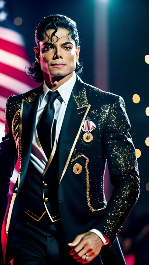 dynamic masterpiece epic cinematic scene,best qualityer,hyper detailled,ultra detaild, Michael Jackson was wearing a RED AND BLACK suit,and had one hand in his pocket,real skin,ral-bling gold suit,USA flag background,waist shot,bokeh,Rambrandt Lighting, In...