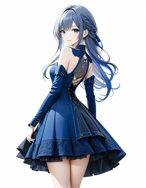 (((White background:1.5)))、(very wide shot)、(masterpiece、Ultra HD、Highest quality、Masterpiece、４K:1.2)、Slender body,Scandinavian Metal Girl,  Intricate details, Highly detailed eyes, Highly detailed fingers、Blue semi-long hair、Blue Gothic Dress, Are standin...