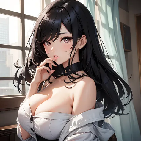 Amazing portrait of a sexy Korean girl with black hair that sits on her shoulder in a wolfcut style with curtain bangs having round lips and greyish eyes with a button nose shape