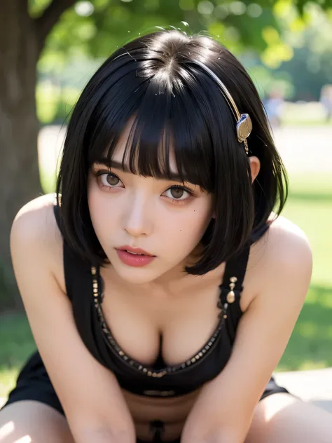 nsfw, nipples, spread legs in the park, vaginal, pussy, ((spread pussy)), small round breasts, tareme black eyes, narrow between eyes, black long eye lines, thick black eyelashes, (((blunt bangs like Cleopatra, bob hair cut))) , blunt bangs is covering the...