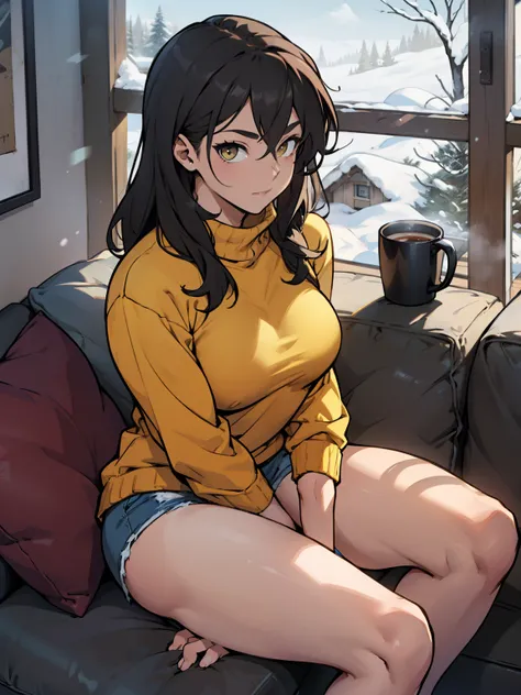 girl muscular girl breasts breasts breasts pale skin black hair yellow eyes baggy sweater sitting on couch with a mug winter clothes snow outside