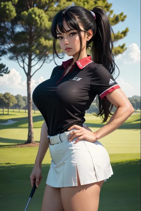 Woman, large breasts, Black Hair, Ponytail, Golf Outfit, Short Skirt, Standing on Golf Course