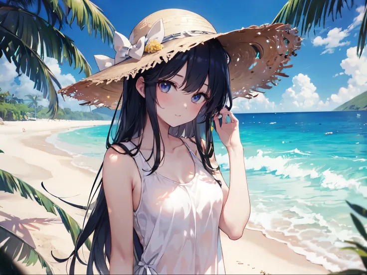 In 8K、Highest quality、masterpiece、Ultra-detailed、Ultra-high resolution、Anime Style、One woman、Midsummer、White sand beach、Beach、White tank top、Straw hat