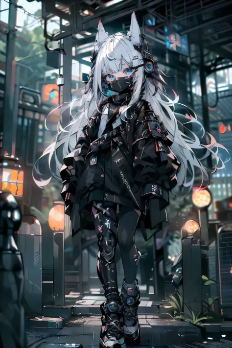 4K，（hacker），(((masterpiece))), ((best quality)), (Super Detail), （Hacker）Super Future，Gemstone eyes，Mechanical ears，High-tech headphones，Black mask，Heterochromia，Everlasting，White hair， Deep blue eyes, ,(((Girl wearing tech mask and tech accessories))),