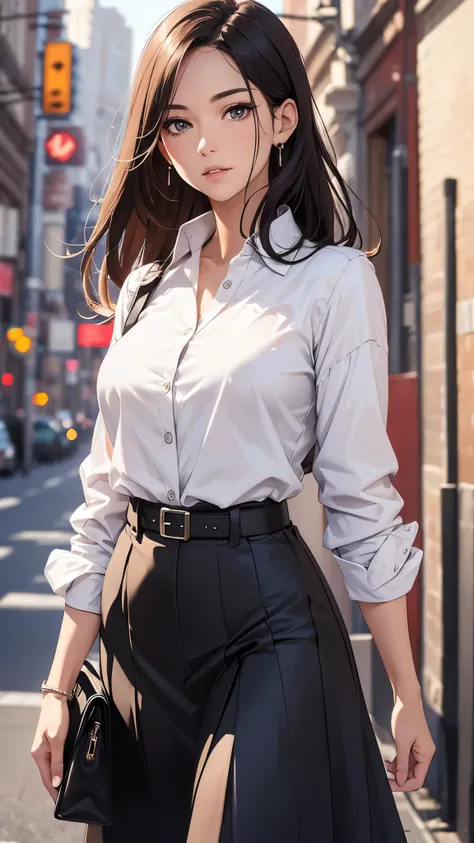 a woman in her 30s,casual style,white blouse,black belt,long skirt,pumps,shoulder bag,detailed face,beautiful eyes,detailed nose and lips,natural lighting,realistic,photorealistic,HDR,studio lighting,extremely detailed,highly detailed,intricate,masterpiece...