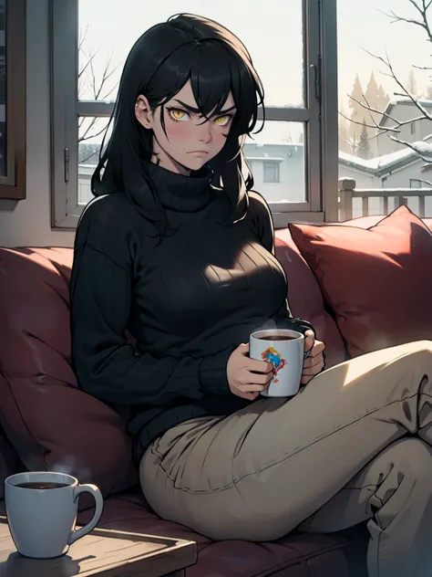 girl muscular girl breasts breasts breasts pale skin black hair yellow eyes baggy sweater sitting on couch with a mug winter clothes snow outside expressionless sad frown