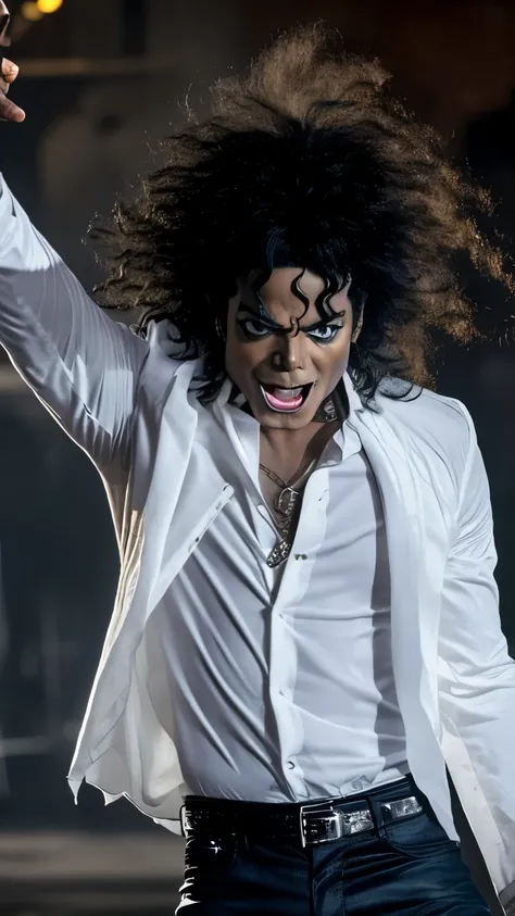 Produce an image of Michael Jackson characterized as a werewolf, with an open white shirt, dark jeans and sharp claws coming out of your hands. He is in a transformation pose, with eyes shining brightly and wild hair flying in the wind, as seen in the clip...