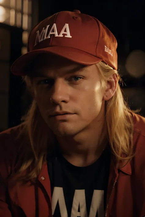 a man with blonde hair,wearing a red baseball cap with the text "MUVA" on it,a serious expression on his face,Donald Trump,highly detailed,photorealistic,8k,best quality,chiaroscuro lighting,dramatic shadows,golden hour lighting,moody atmosphere,dynamic po...