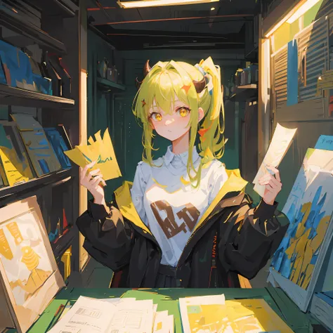 masterpiece, best quality, illustration, upper body, 1girl, looking at viewer, lime color hair, medium hair, olive color eyes, have ponytail hairstyle on her head, demon horns, black coat, indoors, dimly lit, 16k quality, >, colorful, best quality, no glit...