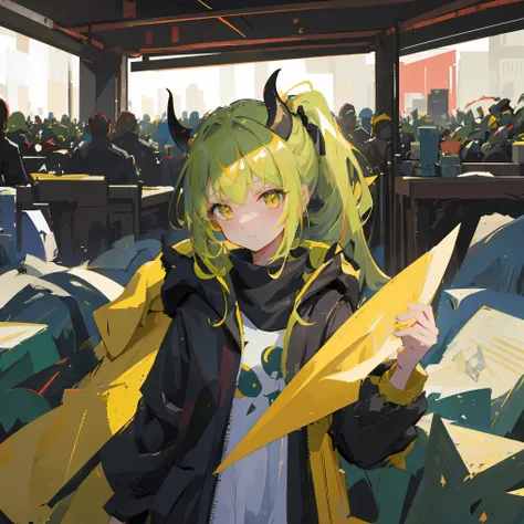 masterpiece, best quality, illustration, upper body, 1girl, looking at viewer, lime color hair, medium hair, olive color eyes, have ponytail hairstyle on her head, demon horns, black coat, indoors, dimly lit, 16k quality, >, colorful, best quality, no glit...