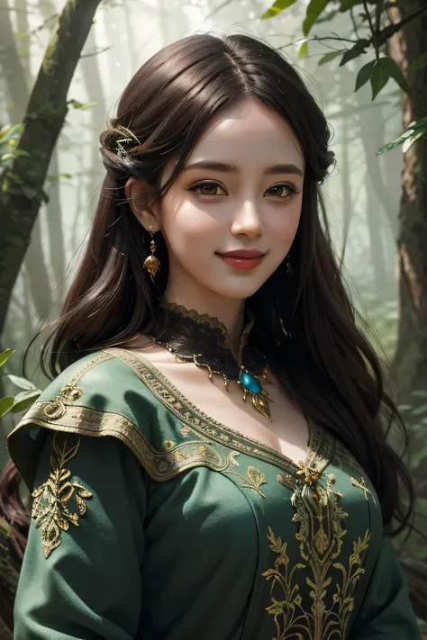 porrtrait of  a woman in an ancient mystical forest with digital painting in a fantasy landscape style, smile
 masterpiece, best quality, intricate detail,