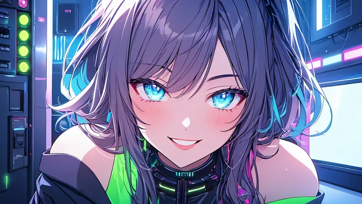 a beautiful woman smiling and having fun listens to electronic music in her room, close-up, wears modern casual clothes, LED and neon lighting, high definition, high resolution, intricate details, anime style 2d flat