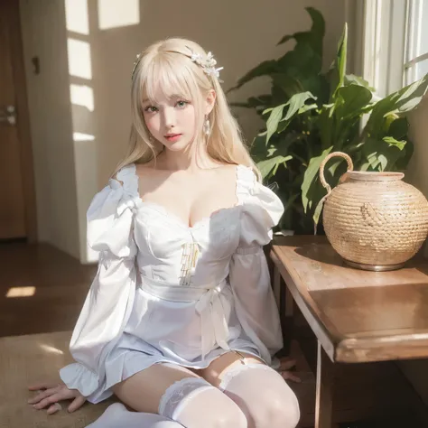 (masterpiece,8k RAW photos:1.5,ultra high resolution,super high quality,surreal:1.5)、soft expression、kneel,Put your hand between your legs、platinum silver blonde hair,vivid details,in detail、surreal,35mm film,sober,movie、( lip gloss,Eyelashes,shiny face,gl...