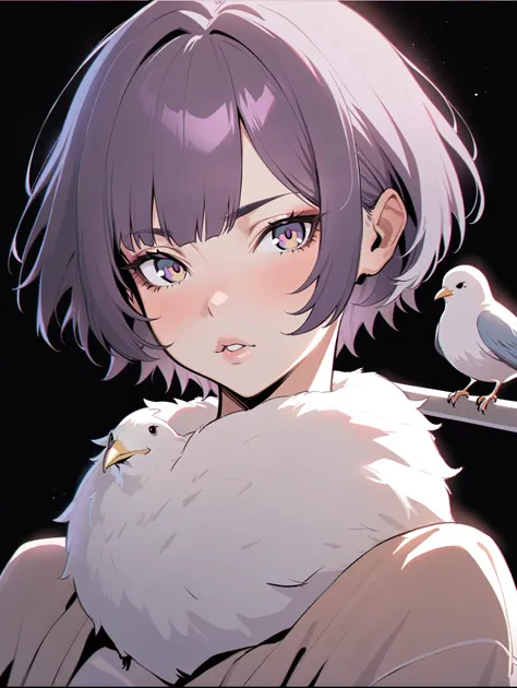 {{{sincos (sincos), kuvshinov ilya (kuvshinov ilya), no human}}}, 1 girl, 1 bird, short hair, purple, lips slightly parted, look...