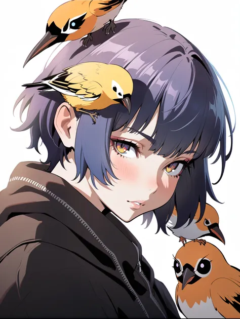 {{{sincos (sincos), Kuvshinov ilya (Kuvshinov ilya), no human}}}, 1 girl, 1 bird, short hair, purple and blue hair, lips slightly parted, looking at viewer, beautiful face, bird sitting on shoulder, blank background, white background.