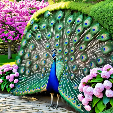 a vibrant and detailed depiction of a peacock with its feathers fully fanned out in an enchanted garden. the peacock's feathers ...