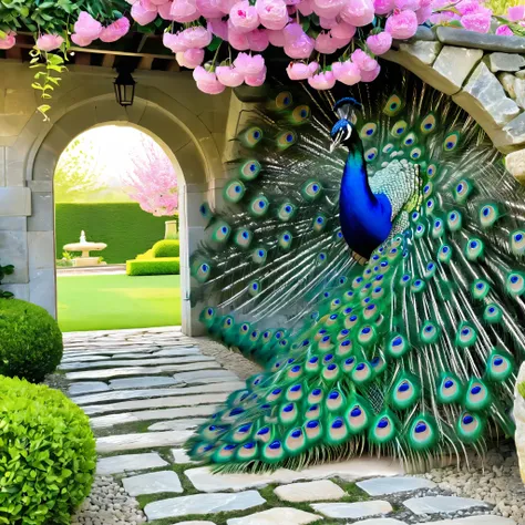 a vibrant and detailed depiction of a peacock with its feathers fully fanned out in an enchanted garden. the peacock's feathers ...