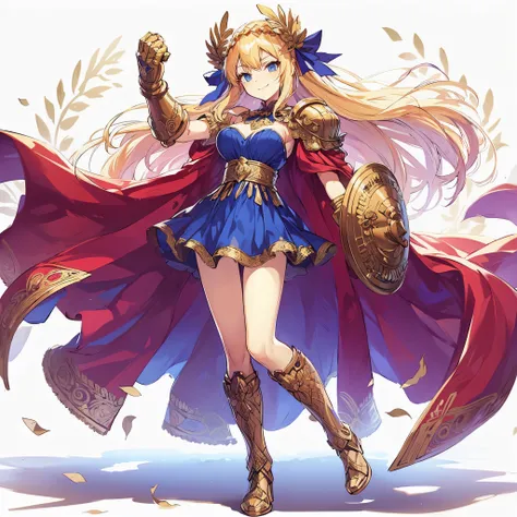 (masterpiece, Best Quality), (detailed hairs), Ultra-detailed, Anime style, Full body, Solo, Rome style girl, blonde hair and blue eyes, laurel crown, wearing gold splendid gauntlet, standing on battle ground, blue wrestler costume, folded arms, velvet sca...