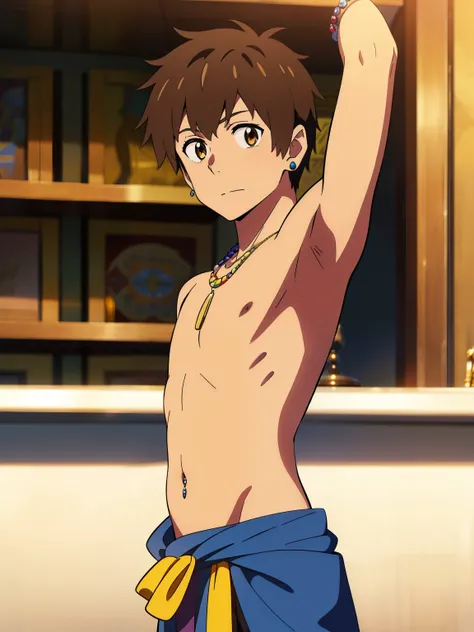 shinkai makoto, kimi no na wa, Highres, Masterpiece, Best quality at best,Best Quality,hight quality, hight detailed, Anime style, 1boy, Shota, young boy, tachibana taki, Solo person, Shirtless, topless, Egypt, Egyptian tribal luxury loincloth, Earrings, b...