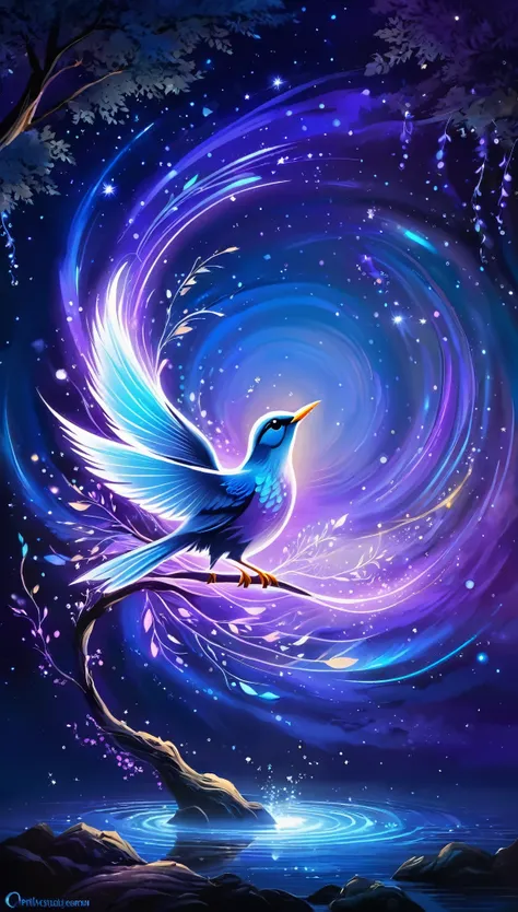 Create an ethereal, glowing bird with luminescent feathers in shades of blue, purple, and white, perched on a delicate, swirling branch. The bird should have an otherworldly glow, with light emanating from its body and wings, giving it a magical, celestial...