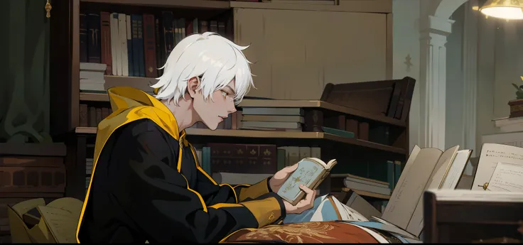 19-year-old man with white hair and yellow eyes, he has a black tunic, he is reading an old book, behind him you can see an old library.