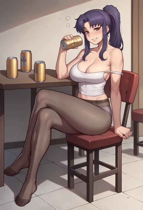 _asura style, 1girl, katsuragi_misato, breasts, solo, can, beer_can, sitting, purple_hair, crossed_legs, large_breasts, looking_at_viewer, ponytail, stool, beer, long_hair, holding_can, alcohol, holding, strap_slip, pantyhose, drunk, underwear, panties, ca...