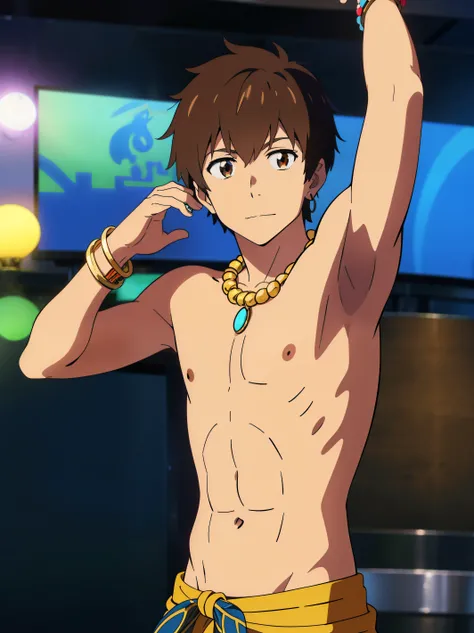 shinkai makoto, kimi no na wa, Highres, Masterpiece, Best quality at best,Best Quality,hight quality, hight detailed, Anime style, 1boy, Shota, young boy, tachibana taki, Solo person, Shirtless, topless, Egypt, Egyptian tribal luxury loincloth, Earrings, b...