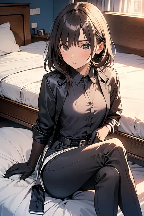 Spender　　　Moderate breasts　 　 　　　　Small face　 　　　holster　　　Beautiful woman　　　　 Lying in bed　Looking up　　　　Sweat 　　　belt　summer　脇Sweat 　Black Hole Gloves　suit　shirt　　Black jacket　 Black trousers　Leg Links　ズボンにbelt　No bra　