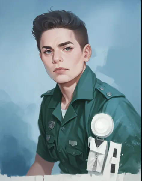 a military police officer, in a dark green uniform, photo restoration, color photo, realisitc