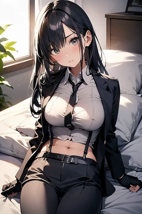 suspenders　　　Moderate breasts　 　 　　　　Small face　 　　　holster　　　Beautiful woman　　　　 Lying in bed　Looking up　　　　Sweat 　　　belt　summer　脇Sweat 　Black Hole Gloves　suit　shirt　　Black jacket　 Black trousers　Leg Links　ズボンにbelt　No bra　holster　Nipples show through the ...