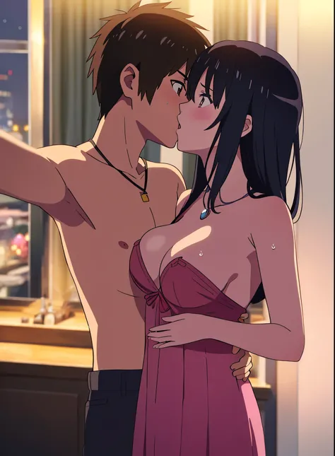 shinkai makoto, Kimi No Na Wa., 1 boy, Shaved head, , Boys are behind girls, Touching the chest, Rubbing breasts from behind, grab, grabbing chest,chestgrab behind back, Remove your bra, Hold the bra, Embrace, Embrace, Kiss on the neck, One girl, Black Hai...