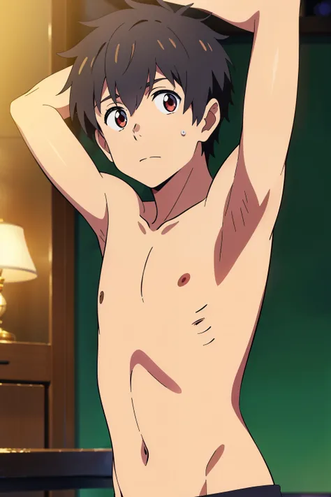 shinkai makoto, kimi no na wa, Highres, Masterpiece, Best quality at best,Best Quality,hight quality, hight detailed, Anime style, 1boy, Shota, young boy, tachibana taki, Solo person, Shirtless, topless, Seen from the front, look at viewer, Upper body, (Ve...