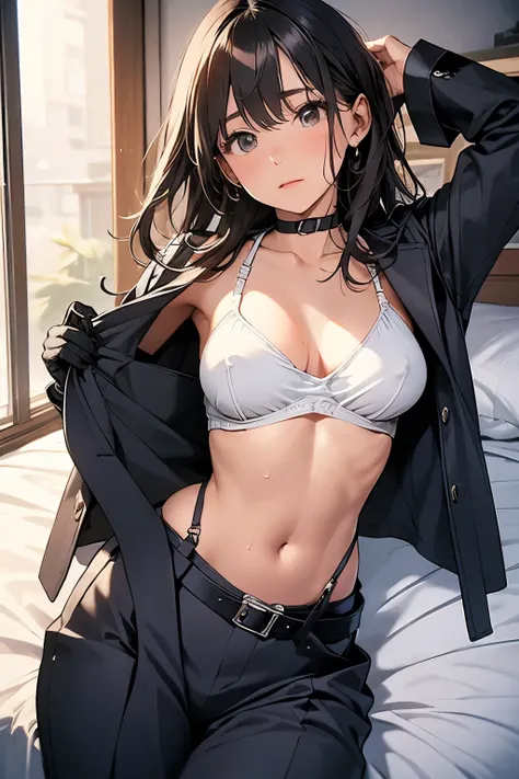 suspenders　　　Moderate breasts　 　 　　　　Small face　 　　　holster　　　Beautiful woman　　　　 Lying in bed　Looking up　　　　Sweat 　　　belt　summer　脇Sweat 　Black Hole Gloves　suit　shirt　　Black jacket　 Black trousers　Leg Links　ズボンにbelt　No bra　holster　Nipples show through the ...