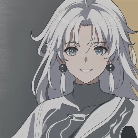 anime girl, smiling, white hair, jianxin, wuthering waves, jianxin wuthering waves, grey eyes, white clothes, 1girl, masterpiece, (beautiful and aesthetic:1. 5), thick black lineart, clean lineart, perfect lineart, variable lineart, thick lineart, clean an...