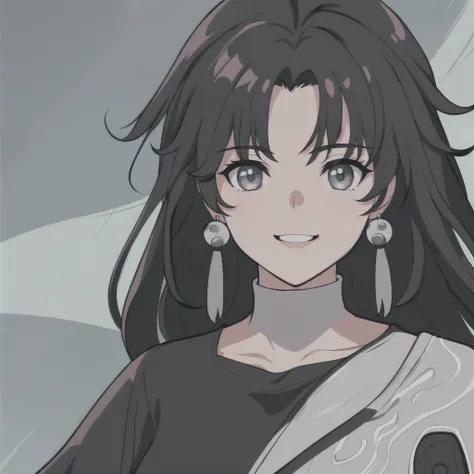 anime girl, smiling, black hair, white highlights, jianxin, wuthering waves, jianxin wuthering waves, grey eyes, white tank top, 1girl, masterpiece, (beautiful and aesthetic:1. 5), thick black lineart, clean lineart, perfect lineart, variable lineart, thic...