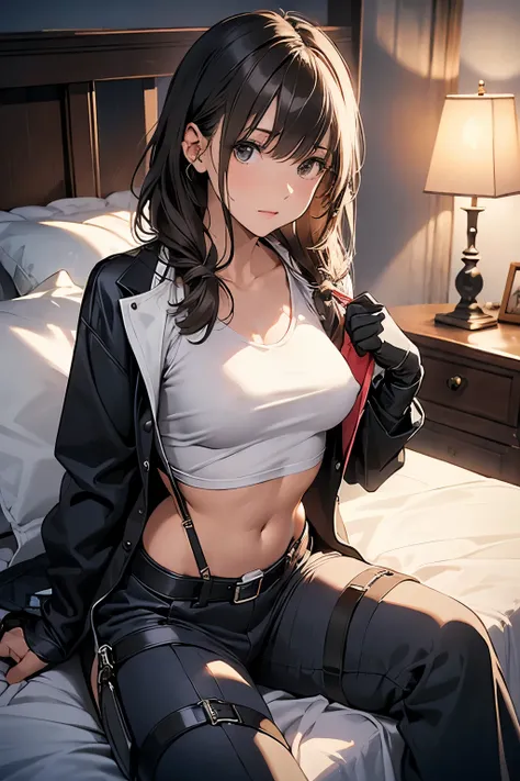 suspenders　　　Moderate breasts　 　 　　　　Small face　 　　　holster　　　Beautiful woman　　　　 Lying in bed　Looking up　　　　Sweat 　　　belt　summer　脇Sweat 　Black Hole Gloves　suit　shirt　　Black jacket　 Black trousers　Leg Links　ズボンにbelt　No bra　holster　Nipples show through the ...