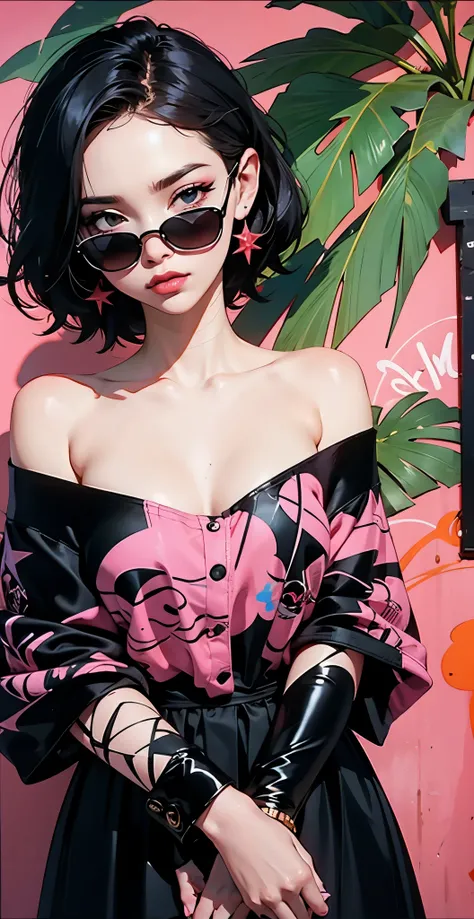 ((Lisa Black Pink)) in a dress standing in front of simple background, up close, ((Art style by Patrick Nagel)), ((8k, wallpaper, detailed)), dark sunglasses, korean pop-star, black hair, pretty hands, fringe, simple red background, palm trees, (graffiti w...