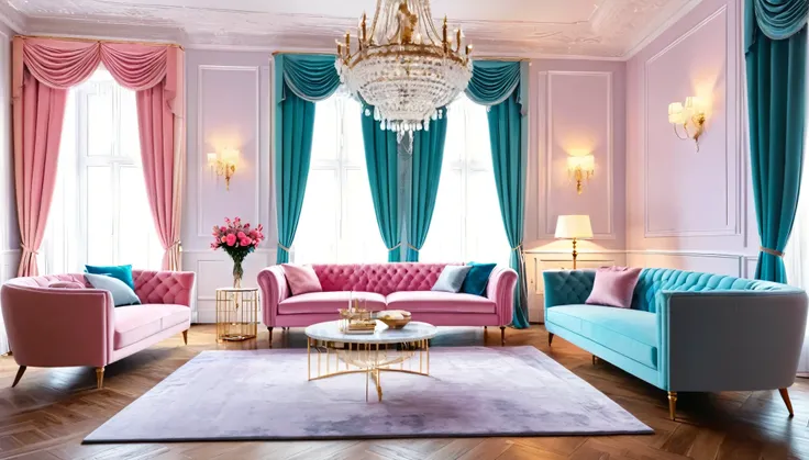 interior, living room in a luxury Victorian architectural style, clean modern design featuring pastel color scheme, beautiful light. Ultra realistic photo, vibrant colors, 8k